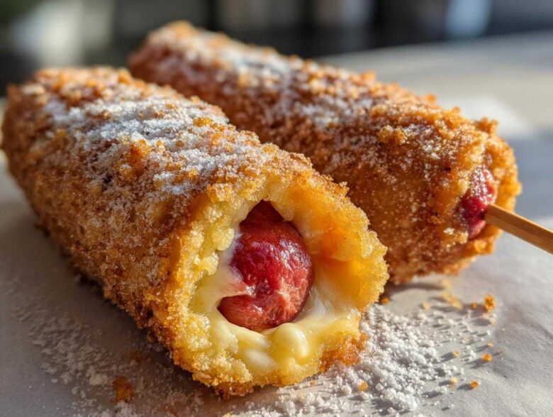Two crispy, deep-fried korean corn dog sticks, one cut open showing melted cheese and a sausage, dusted with powdered sugar.