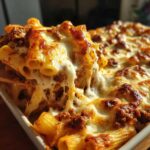 A close-up of a serving spoon lifting a portion of cheesy pasta bake, showing long, melted cheese strings.