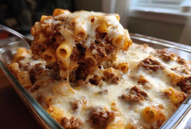 A spoonful of cheesy pasta bake with rich meat sauce is lifted from a glass baking dish.