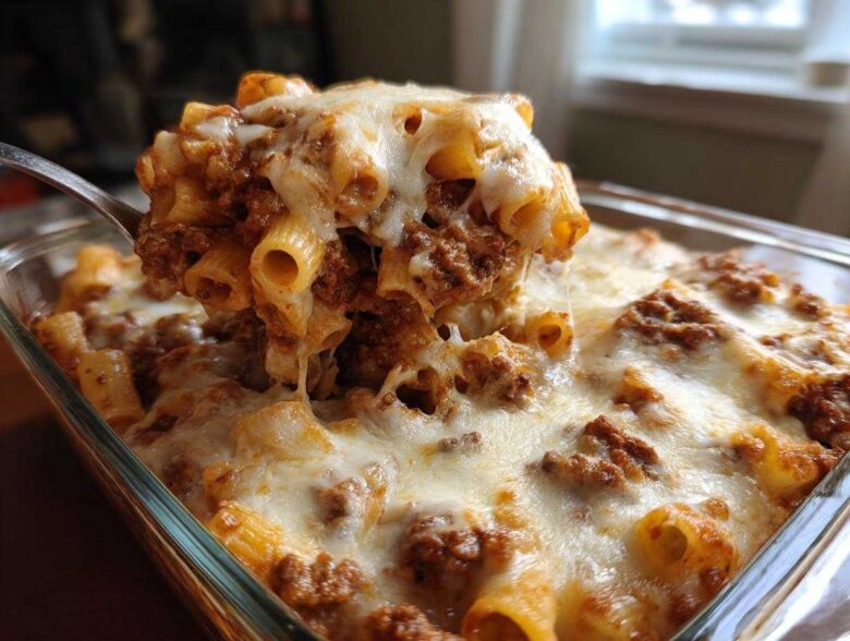 A spoonful of cheesy pasta bake with rich meat sauce is lifted from a glass baking dish.