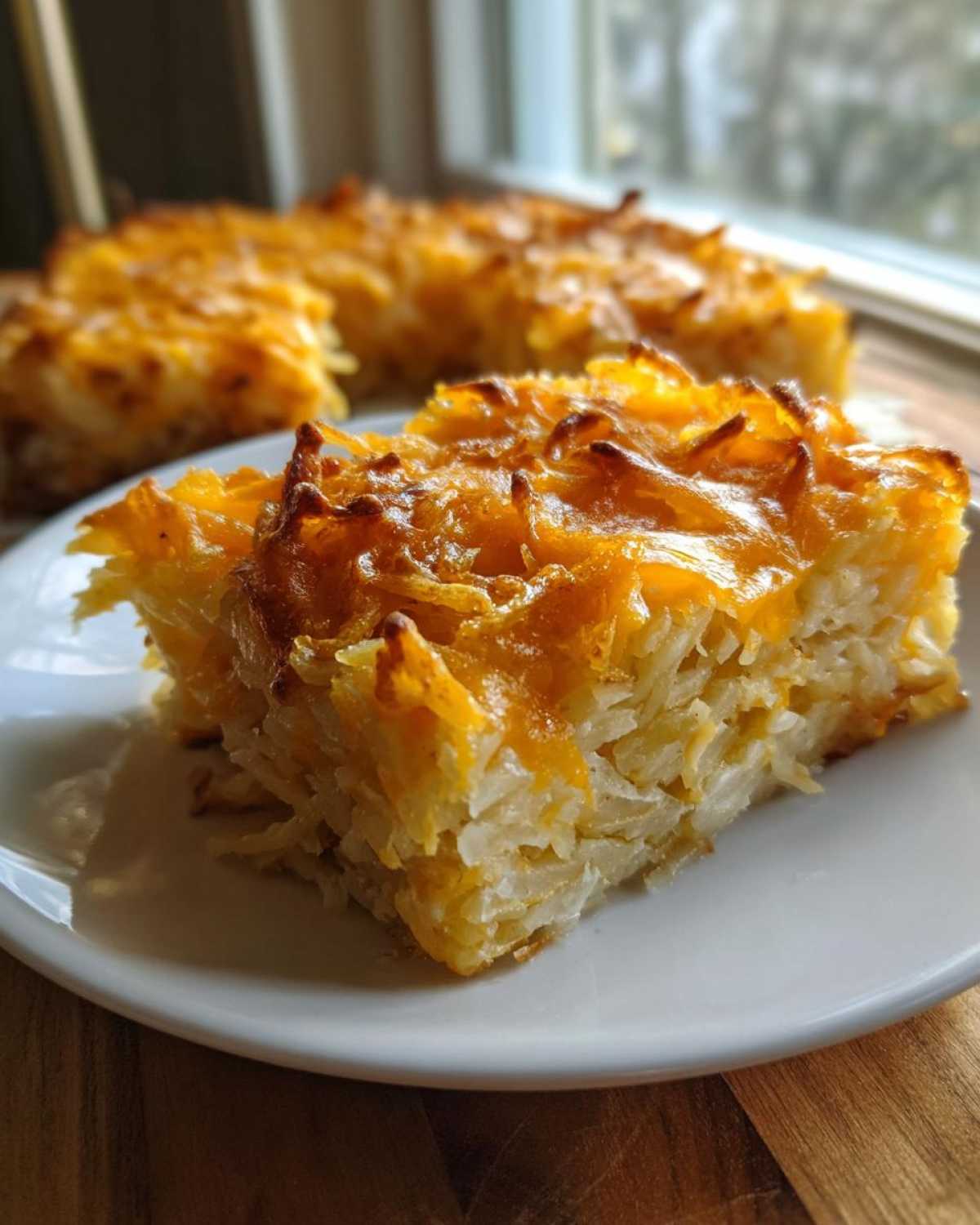 A square serving of cheesy potato casserole, featuring shredded potatoes baked with a melted, golden-brown cheese topping.