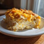 A square serving of cheesy potato casserole with a golden, melted cheese topping, resting on a white plate.