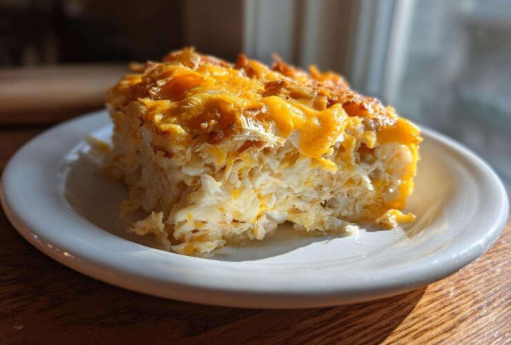 A square serving of cheesy potato casserole with a golden, melted cheese topping, resting on a white plate.