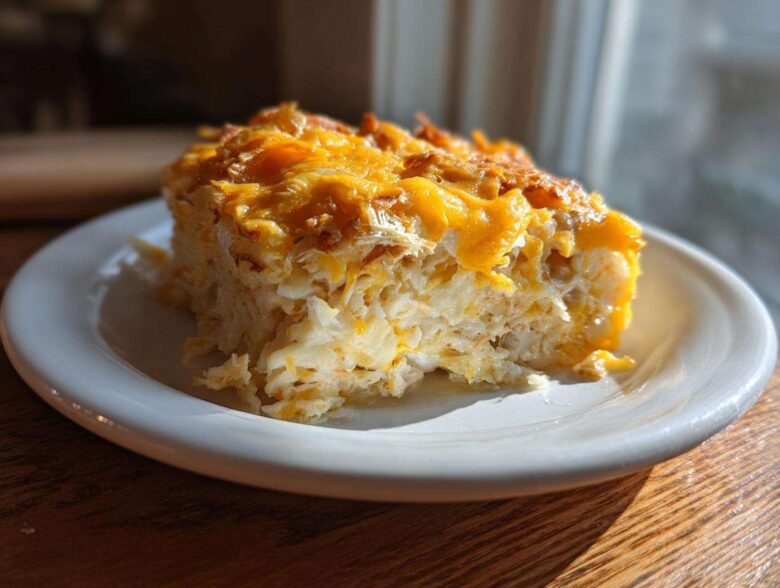 A square serving of cheesy potato casserole with a golden, melted cheese topping, resting on a white plate.