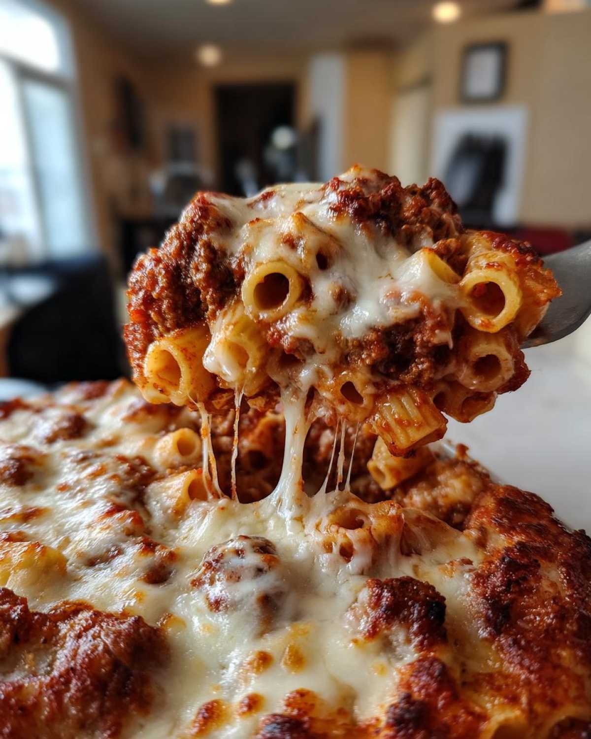 Close-up of a fork lifting a cheesy serving of baked ziti pasta bake with rich meat sauce.