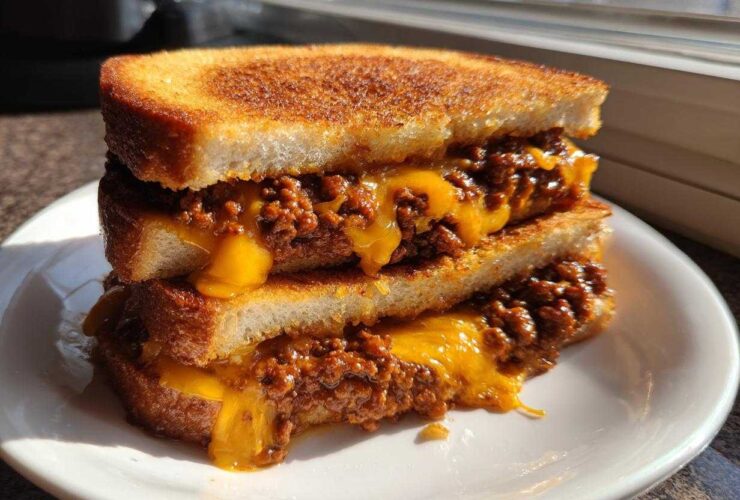 A stack of two halves of cheesy texas toast sloppy joes, featuring thick, toasted bread and dripping melted cheddar cheese.