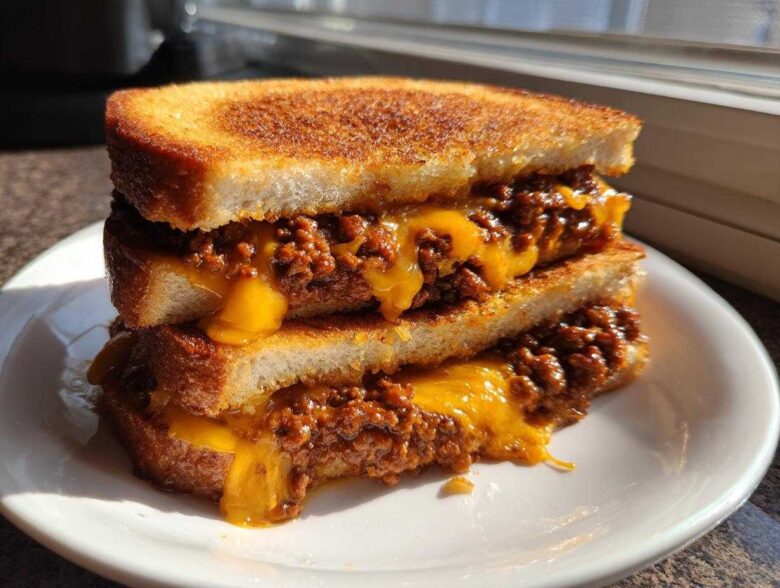 A stack of two halves of cheesy texas toast sloppy joes, featuring thick, toasted bread and dripping melted cheddar cheese.