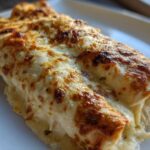 Close-up of cheesy white sauce chicken enchiladas, baked until golden brown and bubbling.