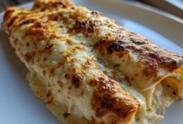 Close-up of cheesy white sauce chicken enchiladas, baked until golden brown and bubbling.