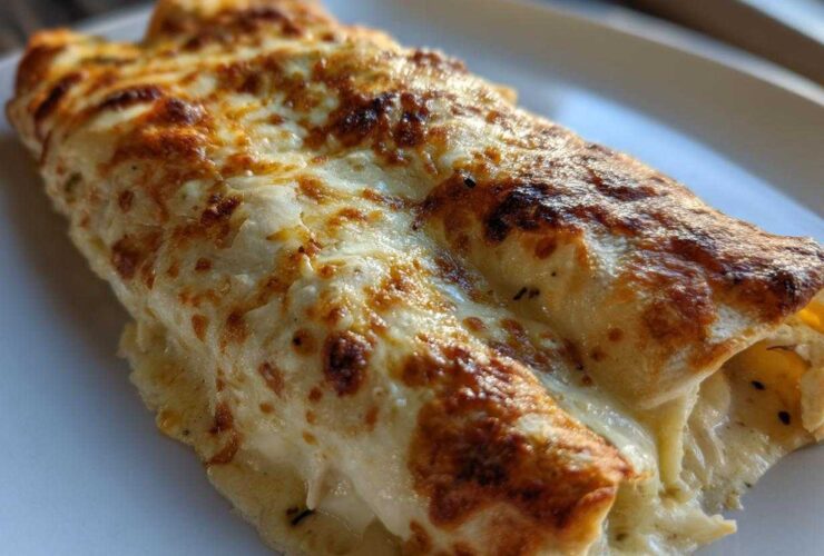 Close-up of cheesy white sauce chicken enchiladas, baked until golden brown and bubbling.