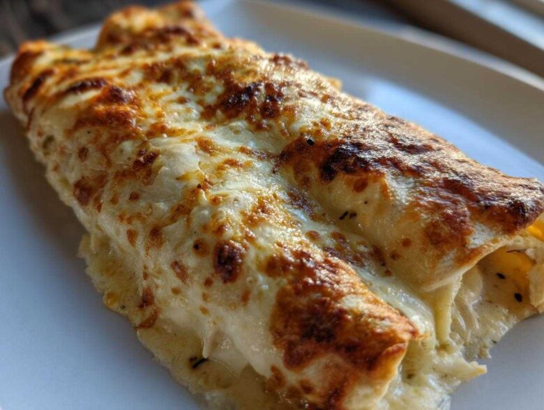 Close-up of cheesy white sauce chicken enchiladas, baked until golden brown and bubbling.