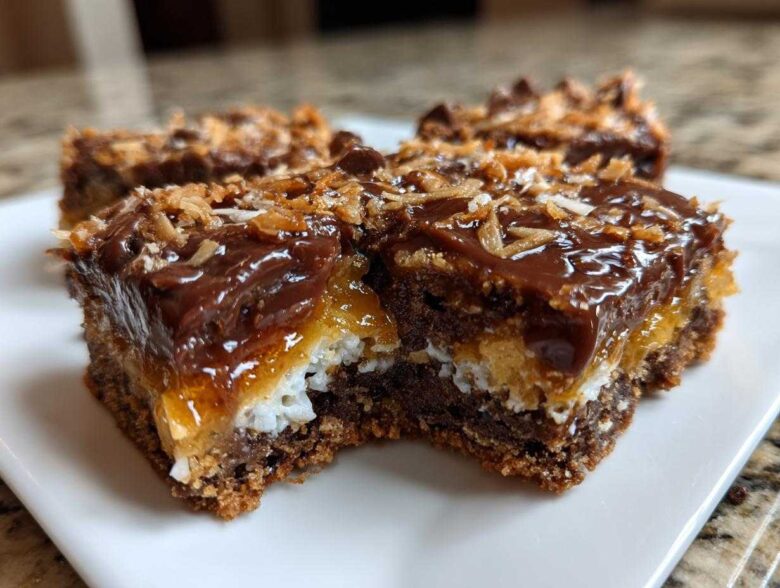 A close-up, cross-section view of chewy magic cookie bars showing the graham cracker crust, coconut, caramel, and chocolate topping.
