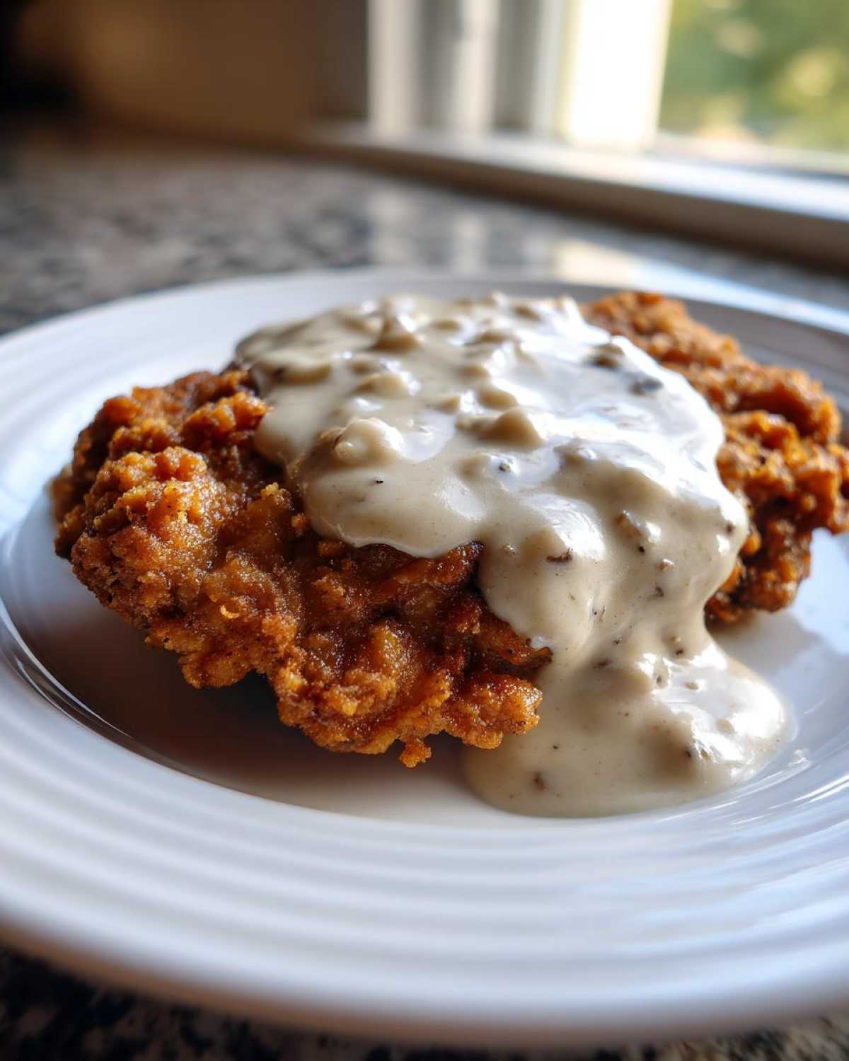 Close-up of a crispy, golden-brown chicken fried steak smothered in creamy, peppered gravy.
