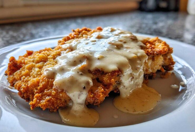 A golden brown, crispy chicken fried steak smothered in creamy white pepper gravy on a white plate.