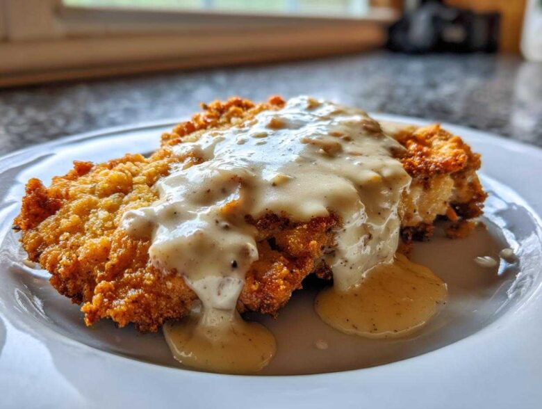 A golden brown, crispy chicken fried steak smothered in creamy white pepper gravy on a white plate.