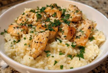 A close-up of juicy chicken scampi pieces served over creamy garlic parmesan rice, garnished with fresh parsley.