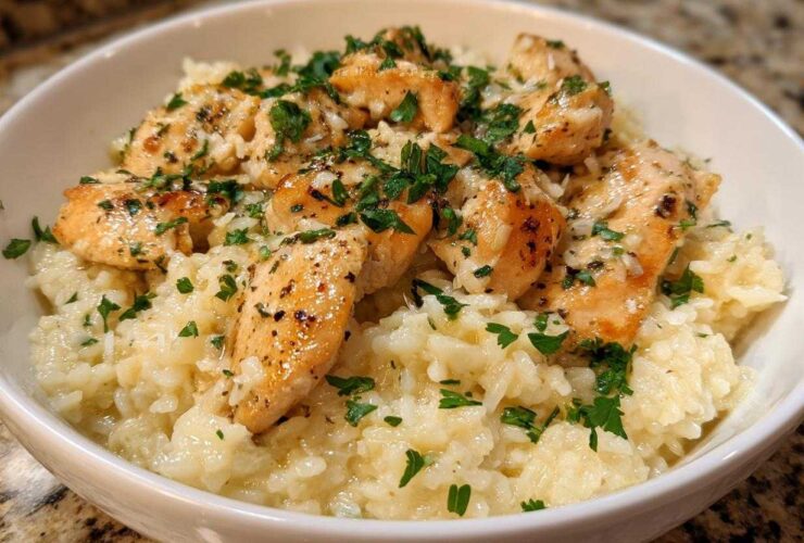 A close-up of juicy chicken scampi pieces served over creamy garlic parmesan rice, garnished with fresh parsley.