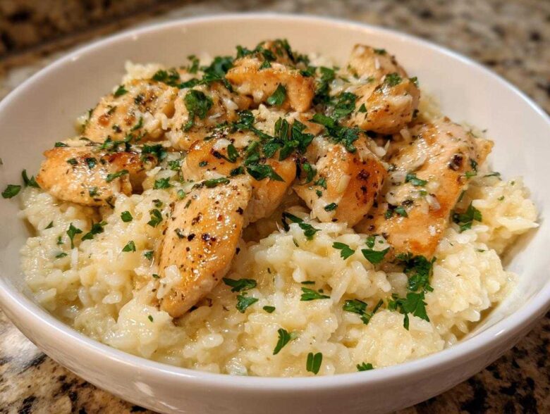 A close-up of juicy chicken scampi pieces served over creamy garlic parmesan rice, garnished with fresh parsley.