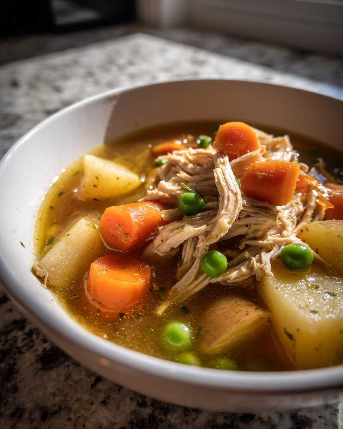 Close-up of a bowl of rich chicken vegetable soup featuring shredded chicken, large carrot chunks, potatoes, and bright green peas.