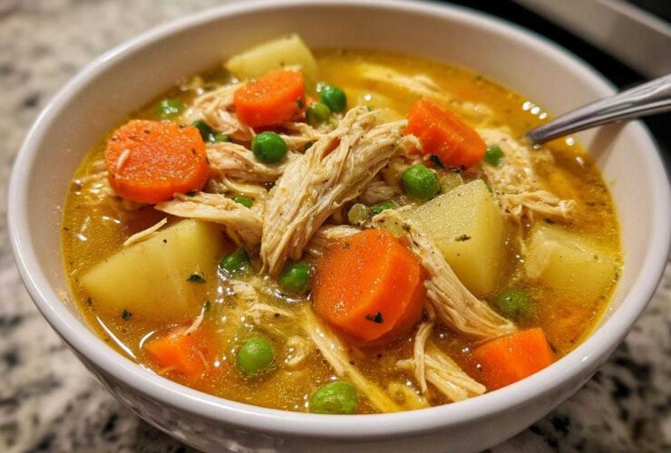 Close-up of a bowl of rich, golden chicken vegetable soup filled with shredded chicken, carrots, potatoes, and peas.