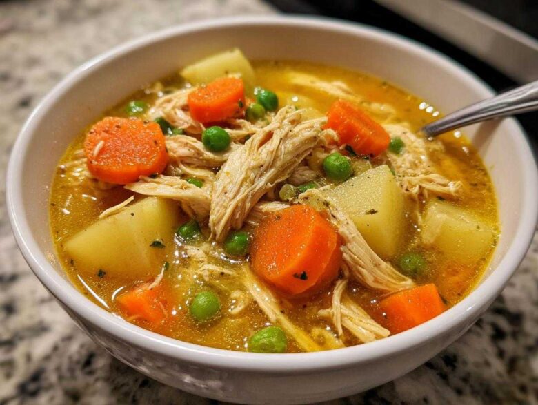 Close-up of a bowl of rich, golden chicken vegetable soup filled with shredded chicken, carrots, potatoes, and peas.