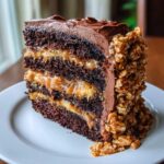 A rich slice of chocolate caramel toffee crunch cake with three layers of dark cake and caramel filling.