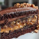 A decadent slice of chocolate caramel toffee crunch cake showing rich dark layers and gooey caramel filling.