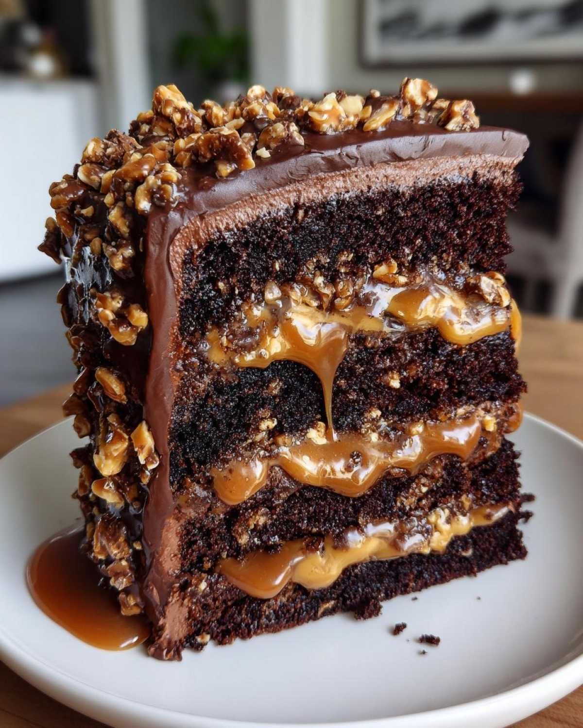 A decadent slice of chocolate caramel toffee crunch cake showing layers of dark chocolate cake and gooey caramel filling.