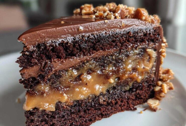 A decadent slice of chocolate caramel toffee crunch cake showing rich dark layers and gooey caramel filling.