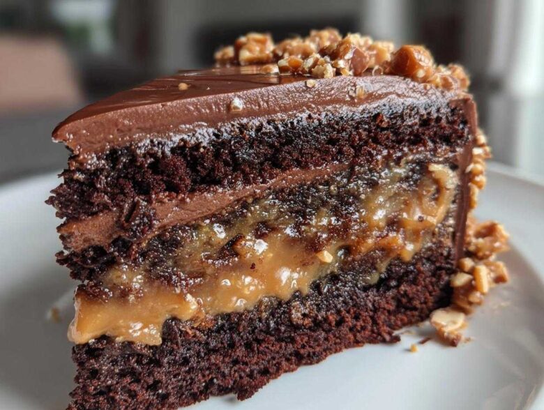 A decadent slice of chocolate caramel toffee crunch cake showing rich dark layers and gooey caramel filling.