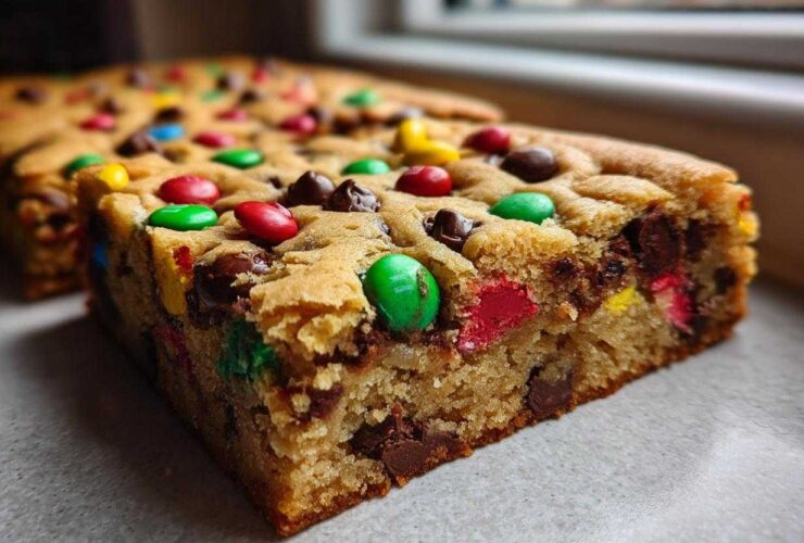 A thick, chewy slice of Christmas cookie bars loaded with chocolate chips and colorful M&M candies.