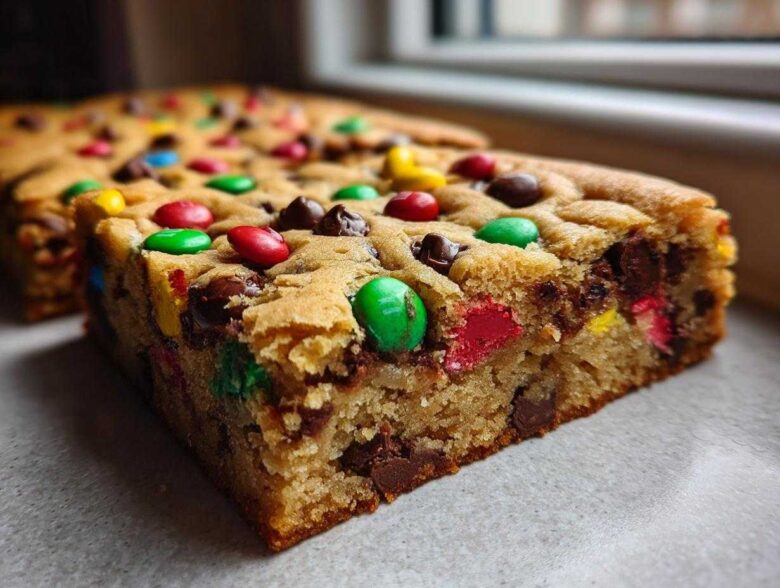 A thick, chewy slice of Christmas cookie bars loaded with chocolate chips and colorful M&M candies.