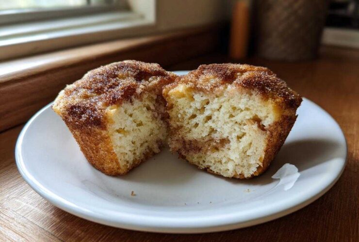 A cinnamon sugar french toast muffin cut in half on a white plate, showing the soft, light interior.