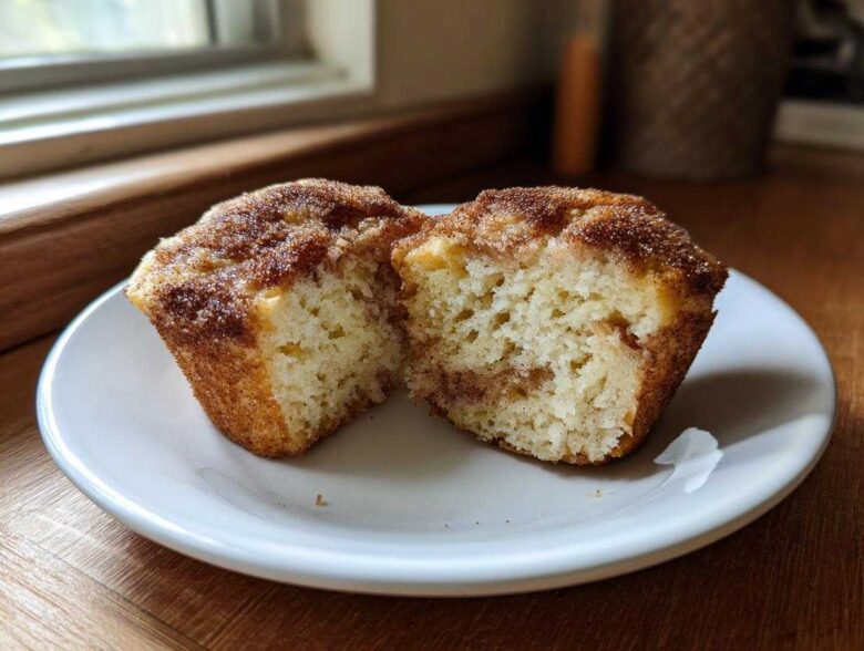A cinnamon sugar french toast muffin cut in half on a white plate, showing the soft, light interior.