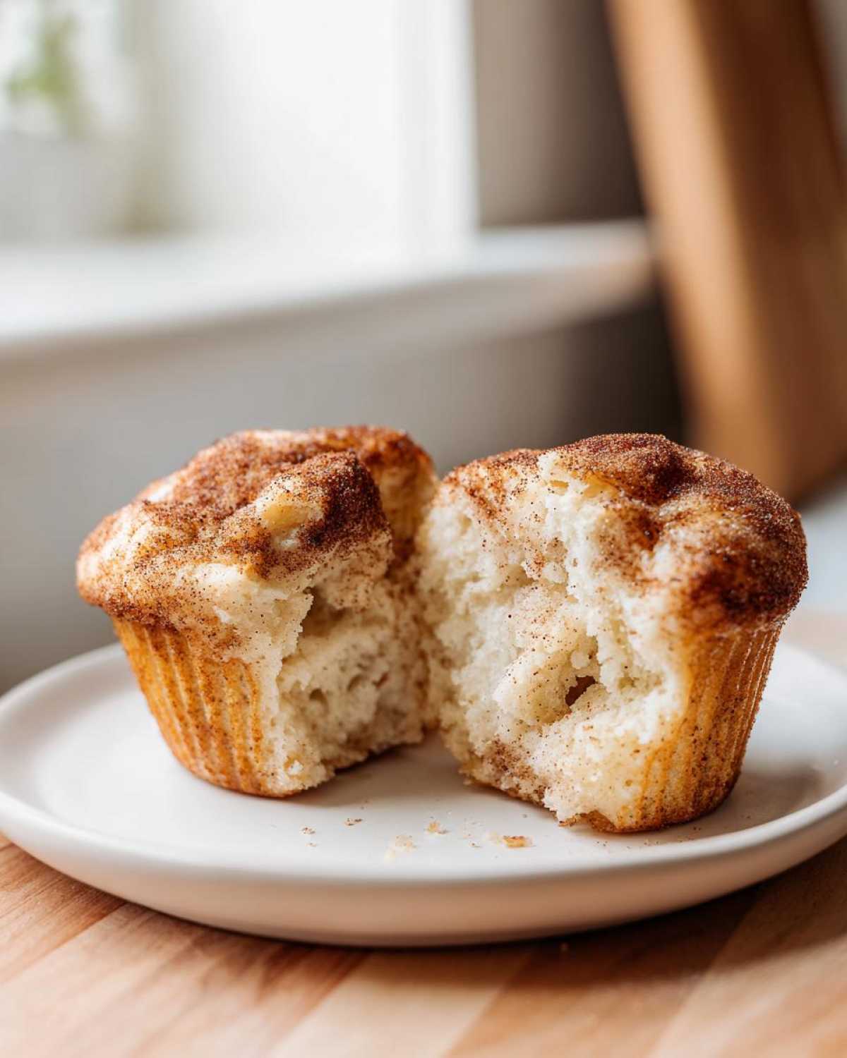 A close-up of a cinnamon sugar french toast muffins, split in half to show the soft interior, dusted with cinnamon sugar.