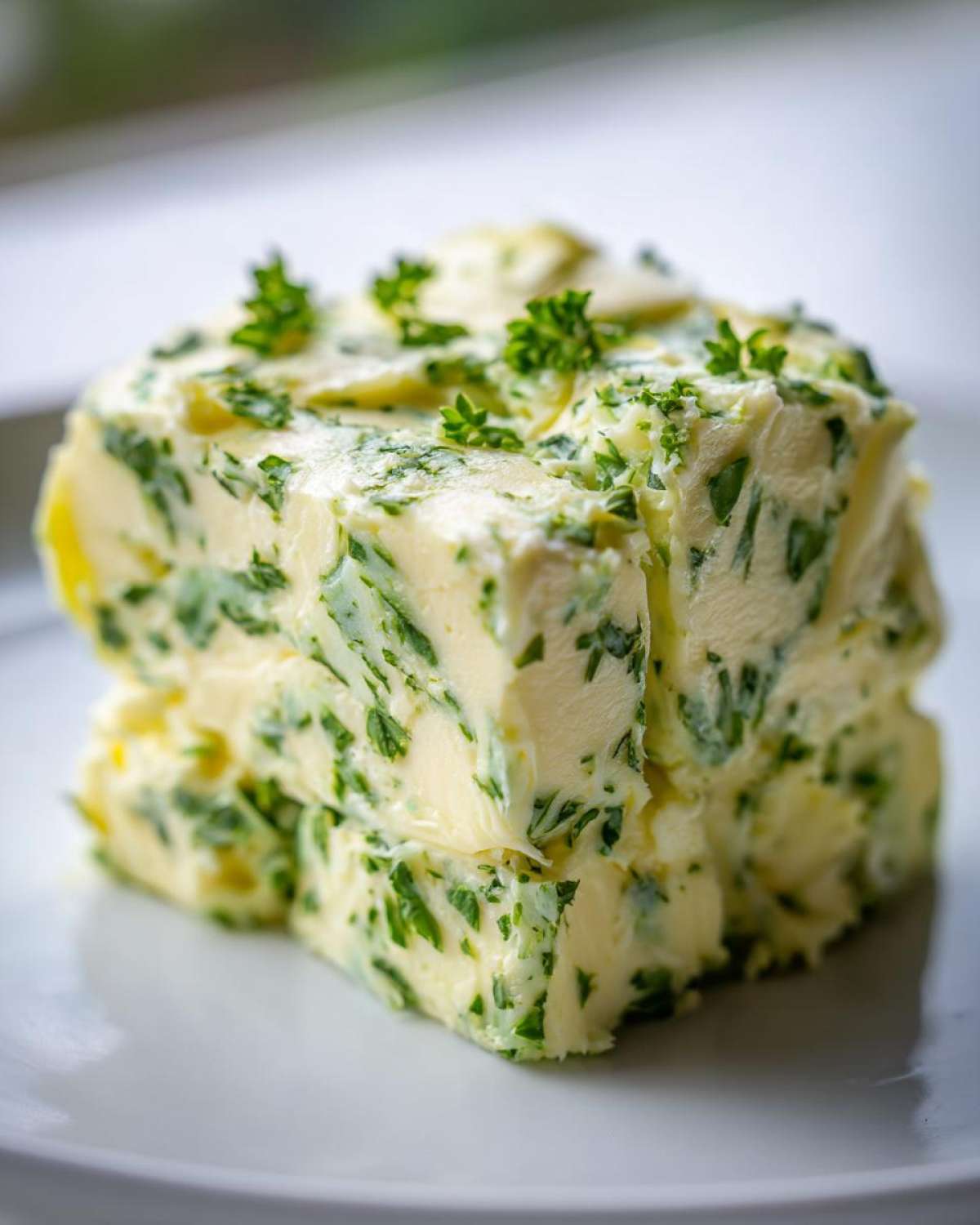 Close-up of stacked blocks of homemade garlic butter mixed with chopped green herbs, likely parsley.