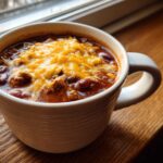 A white mug filled with rich cowboy soup, topped generously with melted shredded cheddar cheese, sitting on a wooden windowsill.