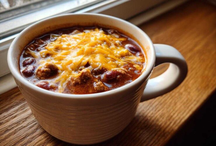 A white mug filled with rich cowboy soup, topped generously with melted shredded cheddar cheese, sitting on a wooden windowsill.