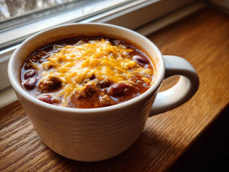 A white mug filled with rich cowboy soup, topped generously with melted shredded cheddar cheese, sitting on a wooden windowsill.
