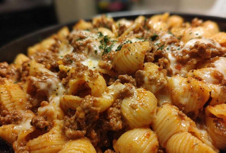 A close-up, appetizing shot of creamy beef pasta shells topped with melted white cheese and fresh parsley.