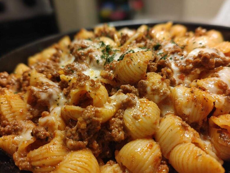 A close-up, appetizing shot of creamy beef pasta shells topped with melted white cheese and fresh parsley.