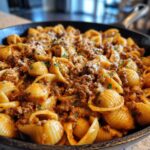 A skillet filled with rich, saucy creamy beef pasta, topped with grated cheese and parsley.