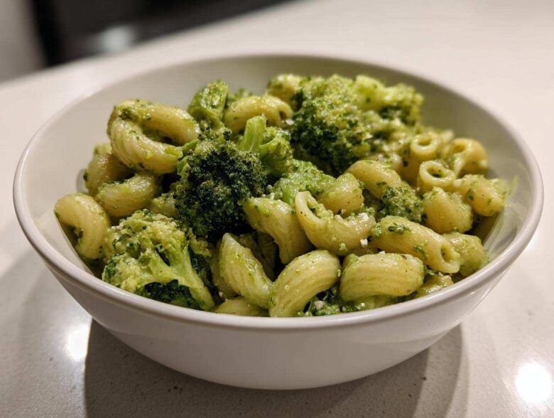 Close-up of creamy broccoli pasta featuring short, curved pasta shapes and bright green broccoli florets in a white bowl.