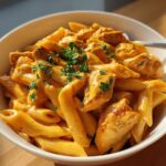 A close-up of a white bowl filled with creamy cajun chicken pasta, topped with fresh parsley.