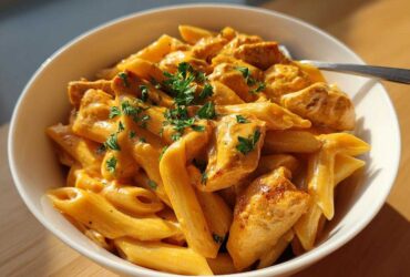 A close-up of a white bowl filled with creamy cajun chicken pasta, topped with fresh parsley.