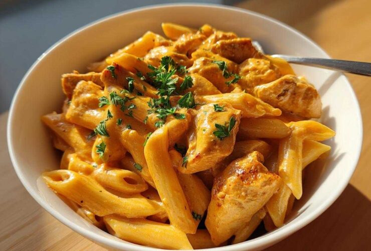 A close-up of a white bowl filled with creamy cajun chicken pasta, topped with fresh parsley.
