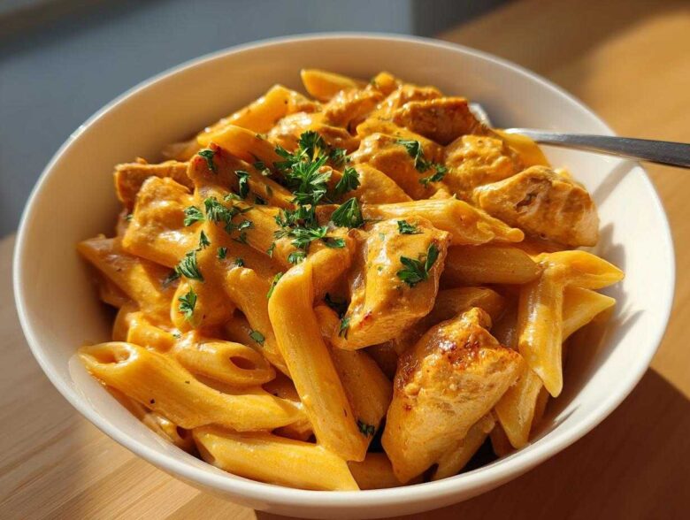 A close-up of a white bowl filled with creamy cajun chicken pasta, topped with fresh parsley.