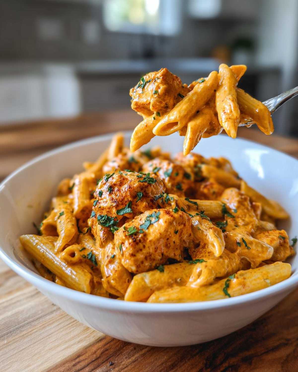 A fork lifts a bite of creamy cajun chicken pasta, featuring penne and seasoned chicken chunks, from a white bowl.