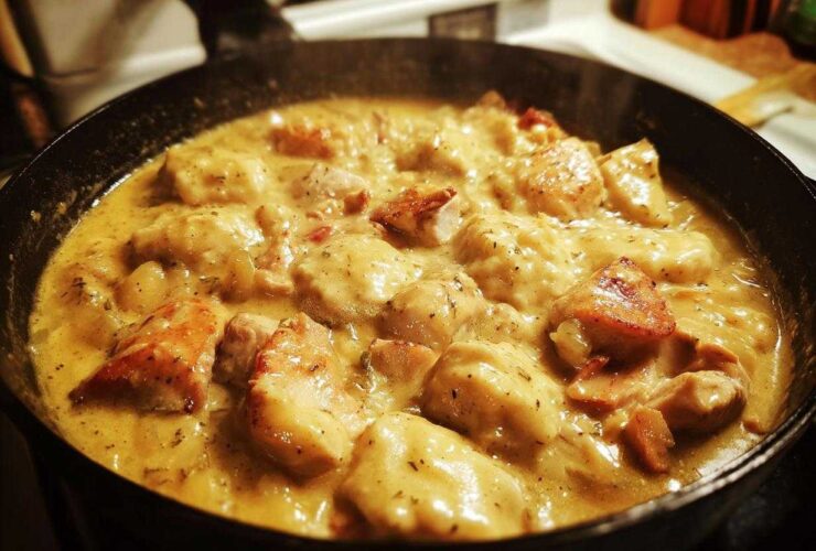 Close-up of creamy chicken and dumplings simmering in a dark cast iron skillet, featuring browned chicken pieces.