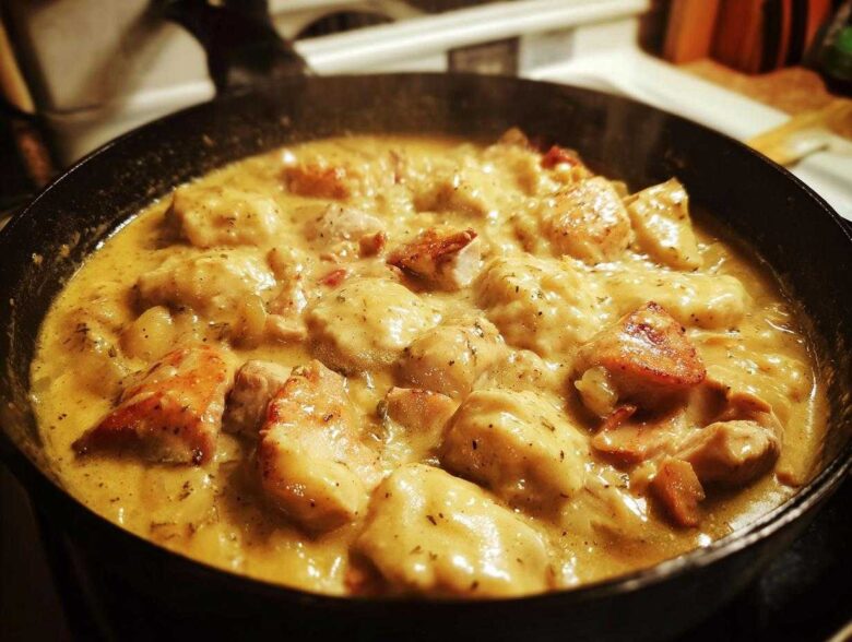 Close-up of creamy chicken and dumplings simmering in a dark cast iron skillet, featuring browned chicken pieces.